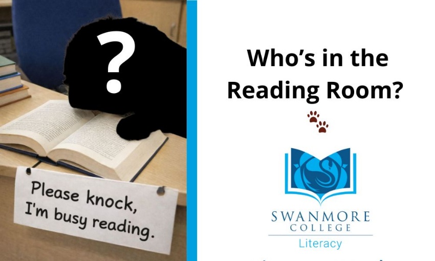 A dog-shaped silhouette with a question mark reading a book, beside text reading “Who’s in the Reading Room?” and the Swanmore College Literacy logo